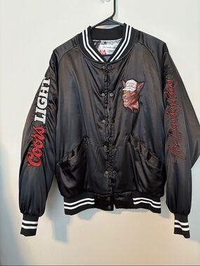 The Laundry Room Black Satin Bomber Jacket with Red Graphic Accents
